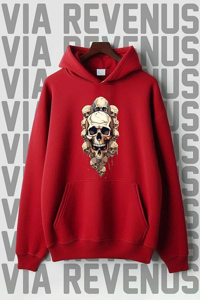 Vordevia Kangaroo Printed 3 Thread Oversize Hooded Sweatshirt - Skull