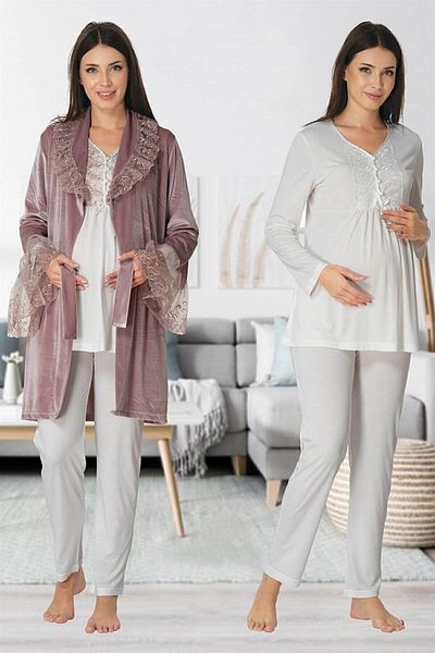 ByLohusa Σετ πιτζάμα εγκυμοσύνης Effortt Mink Velvet με ρόμπα