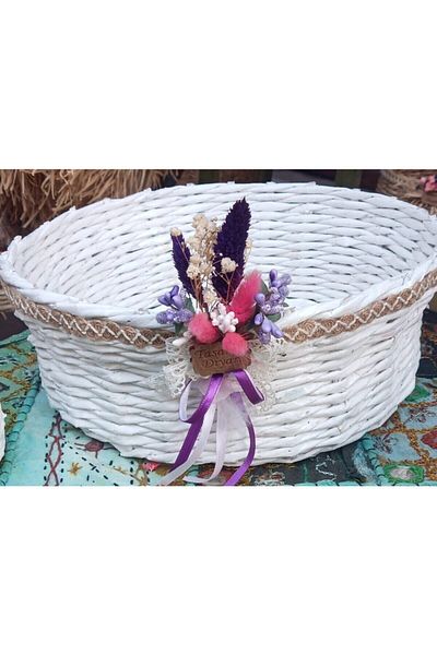 Tasarım Diyarı White Recycling Basket with Wicker Braid Flower Detail