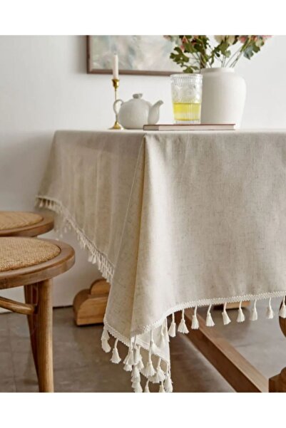 HOME ART ATELIER hand made مفرش طاولة من الكتان الفاخر باللون الكريمي