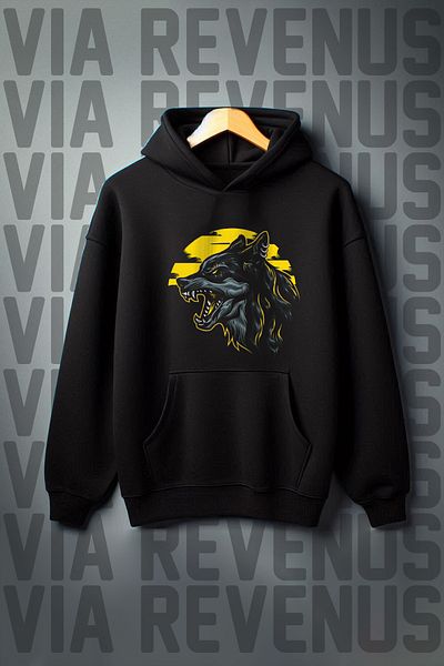 Vordevia Black Hooded Sweatshirt - Wolf Print, Kangaroo Pocket, 3 Thread Raster, Wide Fit