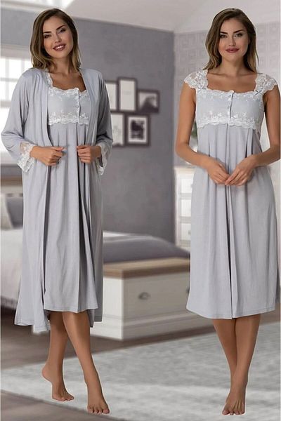 Effort Pijama مجموعة Mayss Collections 2302 طقم ثوب نوم للحوامل باللون الرمادي مع ثوب نوم