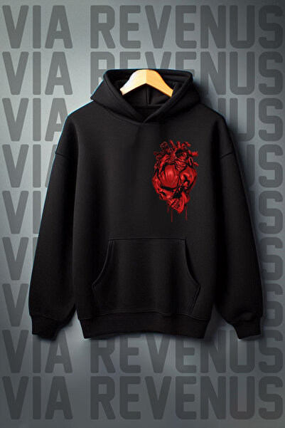 Vordevia Imprimat cangur - Hanorac oversize cu glugă neagră cu 3 fire