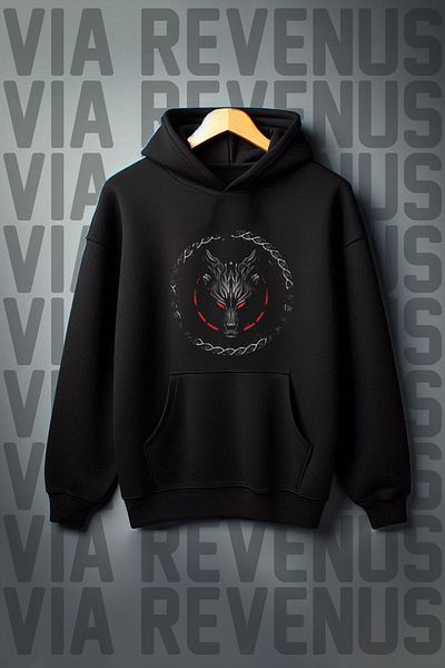 Vordevia Black Hooded Sweatshirt - Wolf Print, Kangaroo Pocket, 3 Thread Raster, Wide Fit