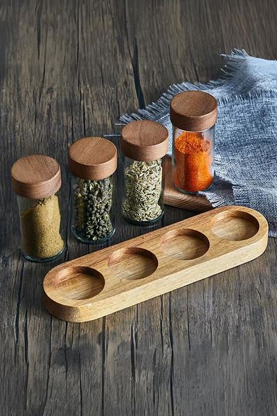 Meturas 4-piece Acacia and Glass Spice Rack Set - with Stand