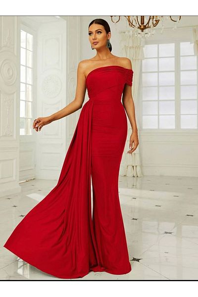 Masspera One Shoulder Asymmetrical Design Shawl Detail Maxi Length Evening Dress