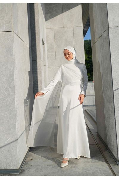 Azeem Leila Chiffon Detailed Satin Hijab Evening Dress, Satin Dress, Special Occasion Dress, Graduation Dress