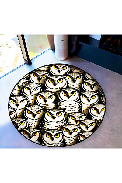 Rugs Modern Halı Round Yellow Eyed Owls Patterned Woven Base Washable Carpet ...