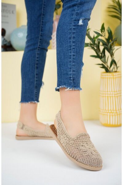 MODAPAPUÇ Kadın Bej Günlük Dantel Örgü Sandalet