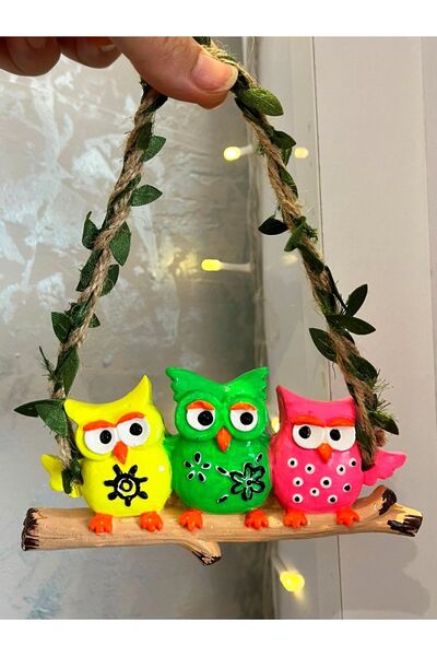 Dekoratif atölye Neon Renkli 3lü Baykuş Duvar Süsü - Bahçe Balkon Süsü - El Yapımı Taş Biblo Obje Balkon  Aksesuar