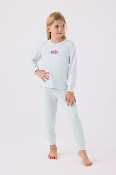 U.S. Polo Assn. Set de pijamale albastre cu maneca lunga pentru fete