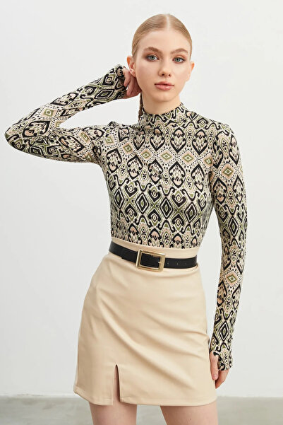 Yefrastore Kadın Haki Etnik Desenli Parmak Detaylı Dik Yaka Body