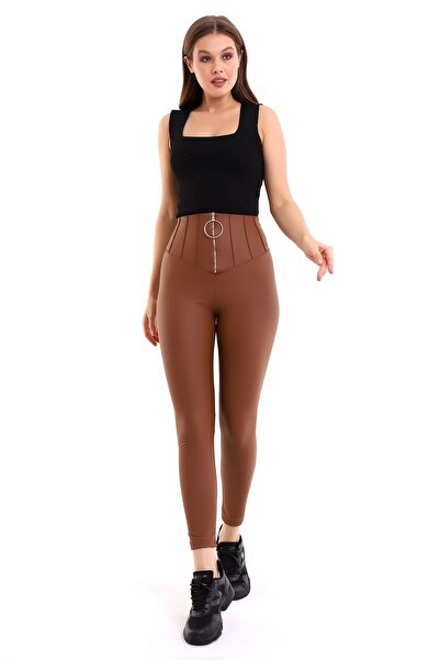 KAŞİHA Taba  Mat Suni Deri Halka Fermuarlı Likralı Esnek İçi Şardonlu Kadın T...