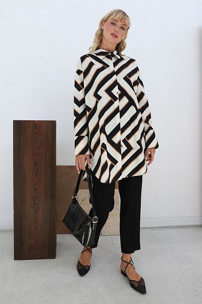 ALLDAY Patterned Black-Mustard 100% Cotton Shirt Tunic