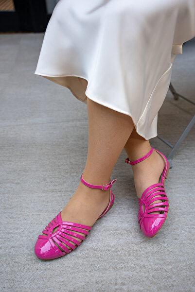 LAMİNTA Jasmine Fuchsia Women's Flat Ballerinas - with Ankle Tie, Buckle and Belt Detail