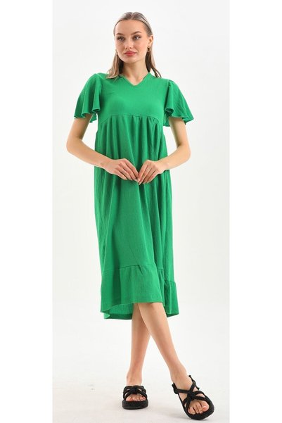 DEVRİMAY TEKSTİL Women's Summer Dress Wrapped Butterfly Sleeve Green