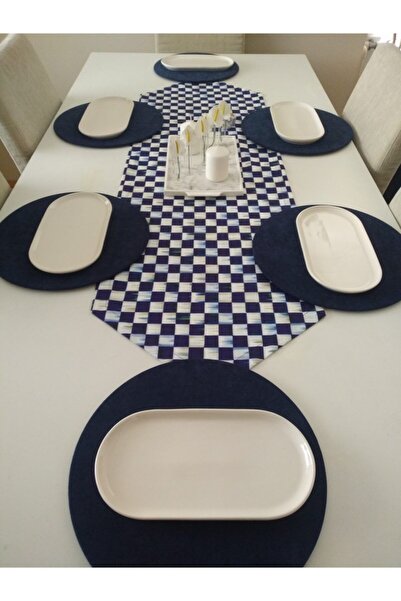 Ayşemce Amerikan Servis Takım (yağlı Boya Efektli Lacivert Dama Desen 1 Runne...