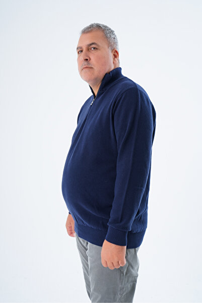 Trist Star Navy Blue Men's Knitwear Sweater - Plus Size, Stand Collar, Zippered, 100% Cotton, Trist-2113