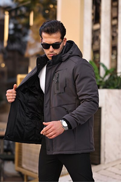 Mero Life Outdoor Hooded Water and Windproof Quilted Fur Fiber Filled Inflatable Gray Softshell Coat