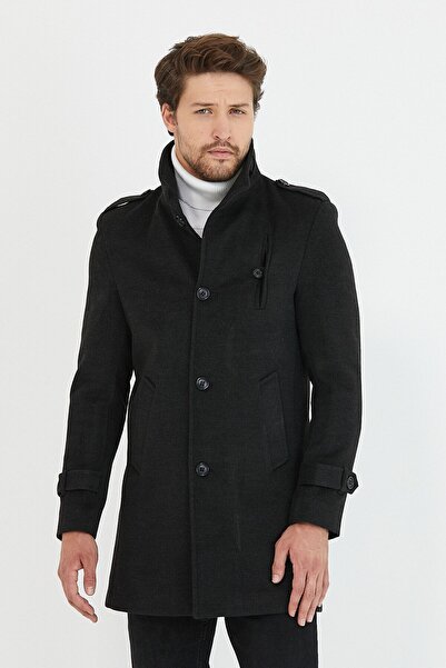 Mero Life Ανδρικό παλτό από κασμίρ με μακρό μάλλινο γιακά ανθρακί