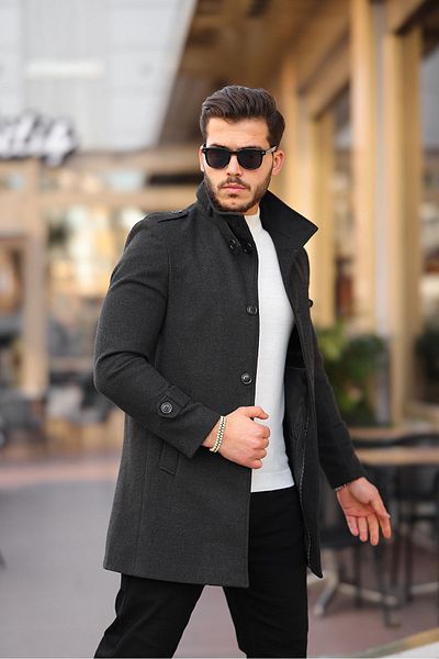 Mero Life Ανδρικό παλτό από κασμίρ με μακρό μάλλινο γιακά ανθρακί