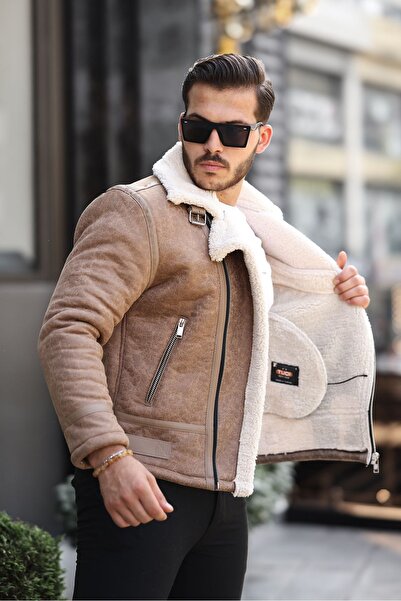 Mero Life Ανδρικό δερμάτινο Napa Full Fur Inside Υψηλής ποιότητας Slim Fit Cream παλτό & μπουφάν