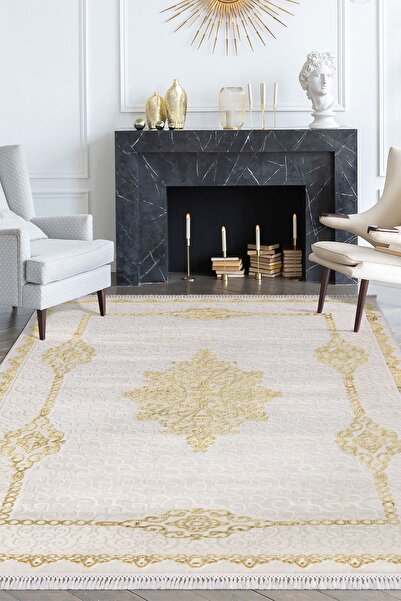 Kervansaray Home Deren Krem Gold Dekoratif Oturma Odası Ve Salon Halısı