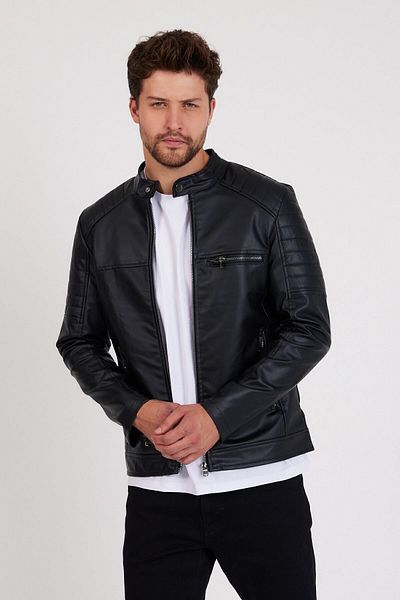 Mero Life Ανδρικό μαύρο δερμάτινο μπουφάν σε Slim Fit