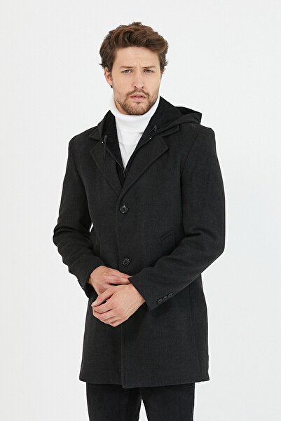 Mero Life Ανδρικό μακρύ παλτό από μαλλί ανθρακί με κουκούλα κασιού με φερμουάρ και κουμπιά στο μπροστινό μέρος