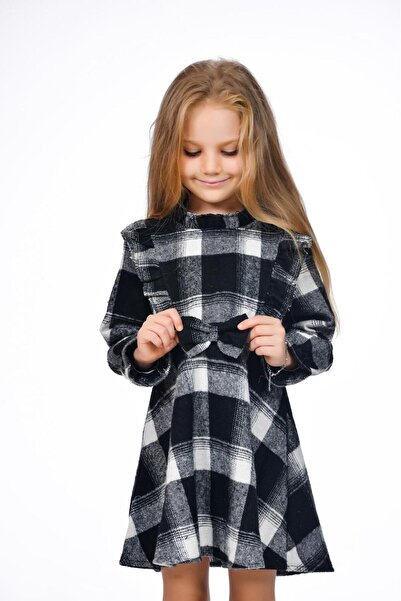 Kamex Ekose Kara Desen Fırfırlı Uzun Kol Elbise Beyaz Siyah