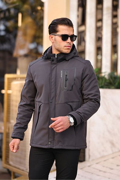 Mero Life Outdoor Hooded Water and Windproof Quilted Fur Fiber Filled Inflatable Gray Softshell Coat