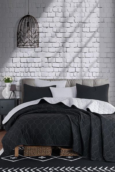 Eponj Home Double Quilted Bed Cover Set - Solid Black-grey
