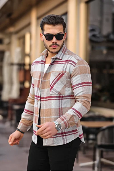 Mero Life Ανδρικό μπέζ ριγέ καρό oversize μακρυμάνικο μπλουζάκι από χοντρό ύφασμα καρό