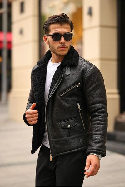 Mero Life Ανδρικά δερμάτινα Napa Full Fur Inside Υψηλής ποιότητας Slim Fit Μαύρα Παλτό & Μπουφάν