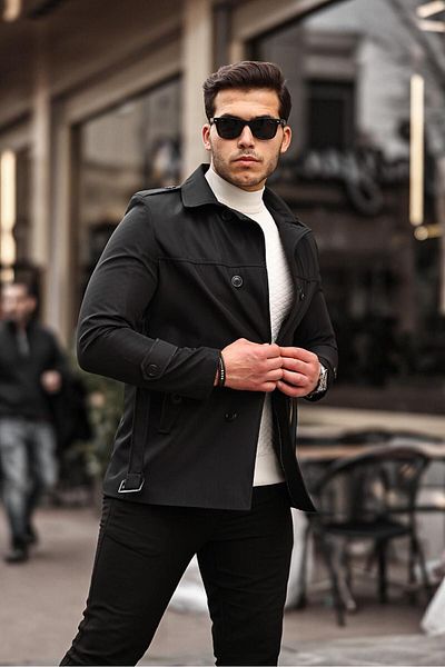 Mero Life Men's Black Seasonal Lined Belted Double Breasted Trench Coat