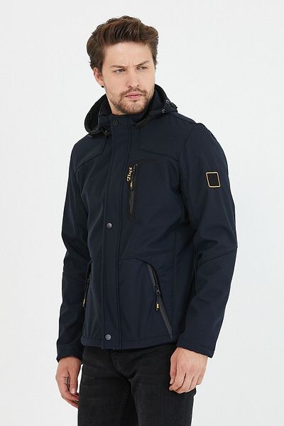 Mero Life Men's Navy Blue Hooded Water and Windproof Softshell Coat