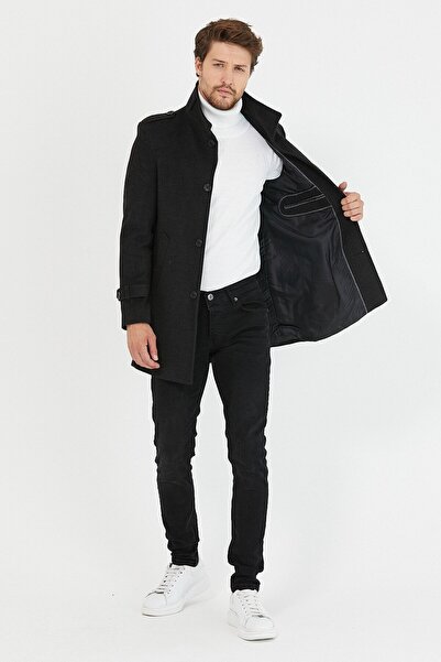 Mero Life Ανδρικό παλτό από κασμίρ με μακρό μάλλινο γιακά ανθρακί