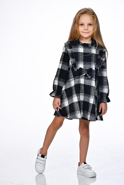 Kamex Ekose Kara Desen Fırfırlı Uzun Kol Elbise Beyaz Siyah