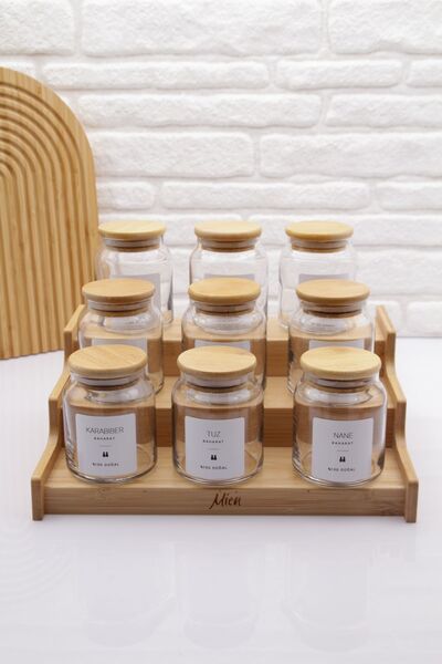 zezedesing 9-Piece Bamboo Vacuum Lid Glass Spicy Set 300ML & Bamboo Organizer Stand