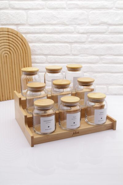 zezedesing 9-Piece Bamboo Vacuum Lid Glass Spicy Set 300ML & Bamboo Organizer Stand