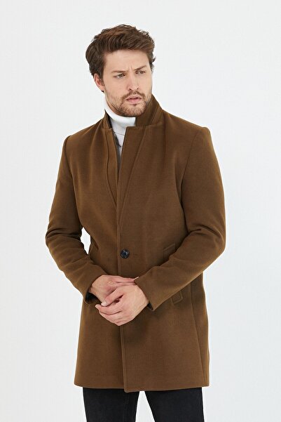 Mero Life Ανδρικό παλτό Tan εφαρμοστό ψηλός λαιμός Cashmere