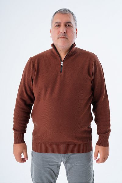 Trist Star Men's Knitwear Sweater - Plus Size, Tan, Zippered, Stand Collar, 100% Cotton, Rice Knit Trist-2113