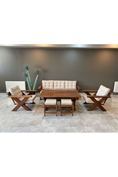 zerkaconcept Verona Masif Ahşap Bahçe Balkon Koltuk Takımı Kestane Ağacı 3+1+1 Koltuk, Masa Ve Puf Takımı Krem