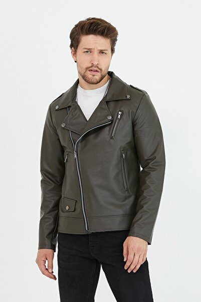 Mero Life Ανδρικό δερμάτινο μπουφάν με φερμουάρ χακί νέας σεζόν