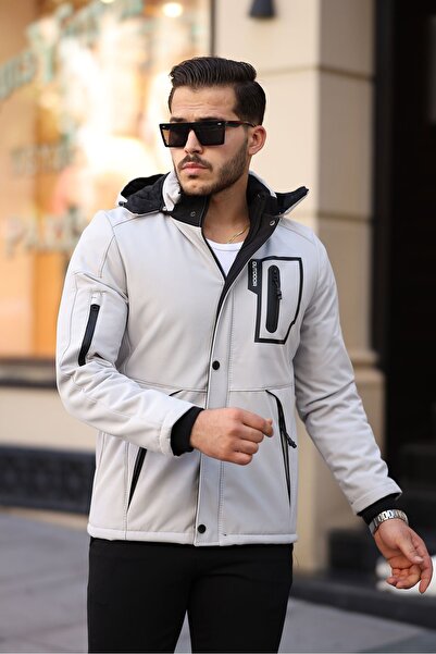 Mero Life Παλτό από μαλακό κέλυφος χρώματος πέτρας - με κουκούλα, αδιάβροχο κ...