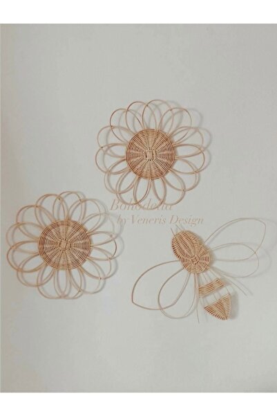 Bohodella 3’lü Çocuk Odası Rattan Bambu Hasır Duvar Süsü, Arı Figürlü Duvar Sepeti