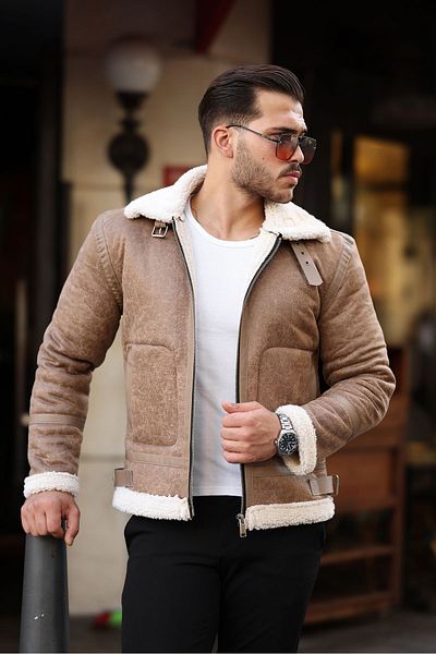 Mero Life Υψηλής ποιότητας ανδρικό δέρμα Napa - Full Fur Slim Fit Cream Coats & Jackets