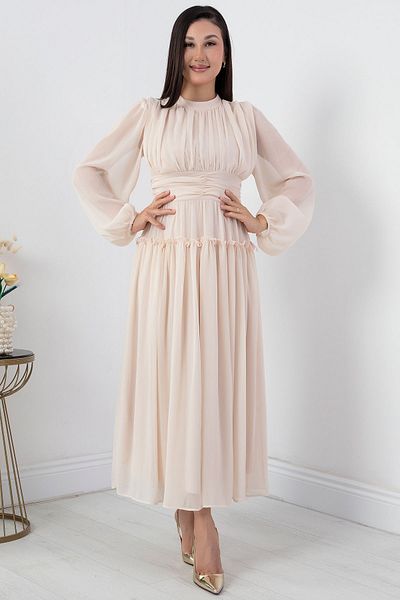 PULLIMM Long Sleeve Crew Neck Chiffon Dress - Grs3558