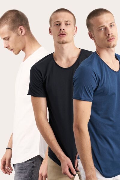 BLUE STREET Erkek Beyaz-siyah-lacivert Oval Etek Geniş Yaka %100 Pamuk Kısa K...