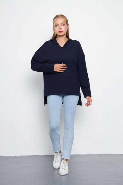 Avones Kadın V Yaka Kapüşonlu Kanguru Cepli Yırtmaclı Oversize Sweatshirt